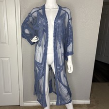Embroidered Mesh Kimono Duster Celestial Whimsigoth Stars Boho Blue Size 26