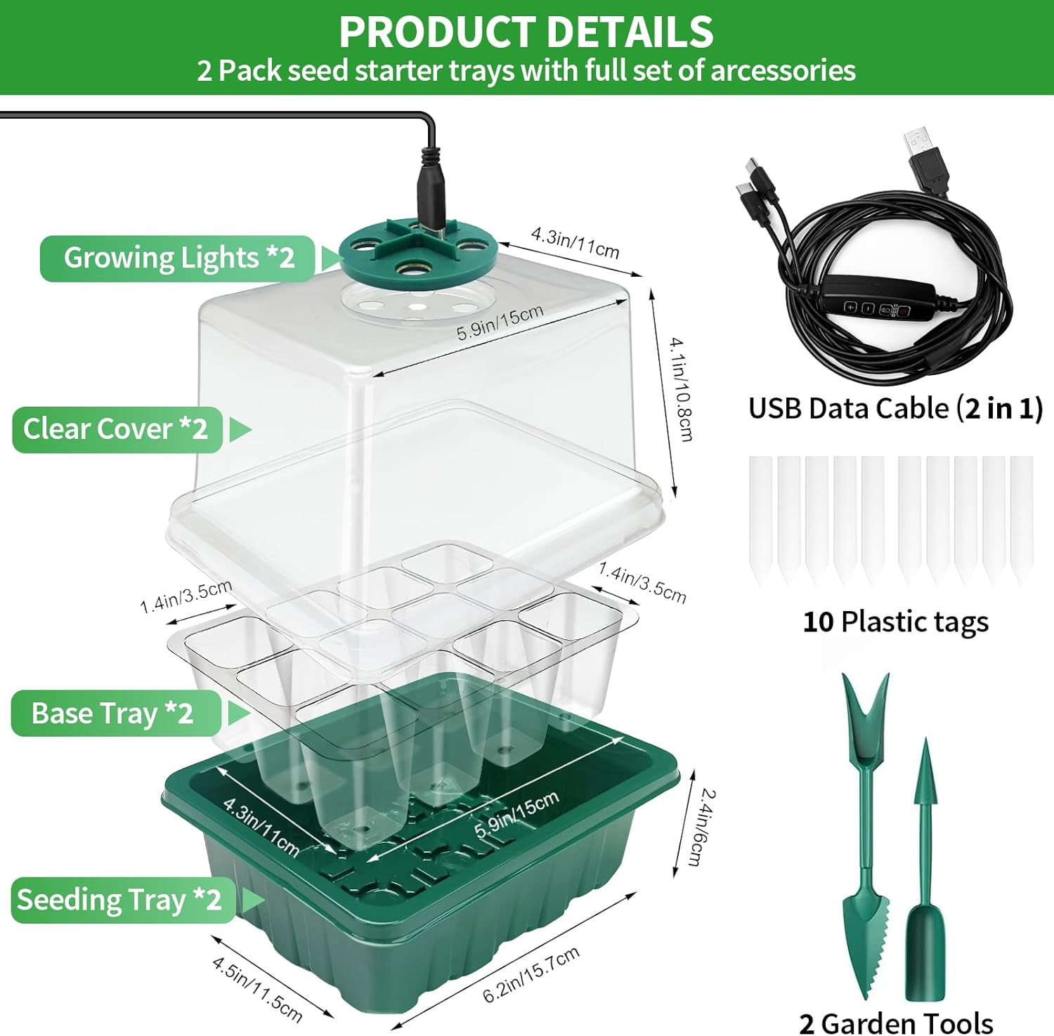 Seed Starter Tray with Plant Light, 2 Pack Grow Lights for Seed Starting Kit wit
