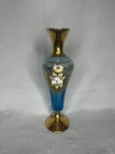 VTG! Venetian Italian Glass Footed Bud Vase Blue with Gold and Painted Flowers