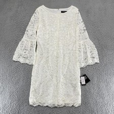 Nine West Dress Womens 6 White Floral Lace Bell Sleeve Shift Bachelorette Bridal
