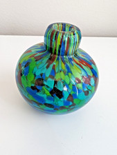 Art glass vase blue green red swirl confetti Murano style colorful small 4  