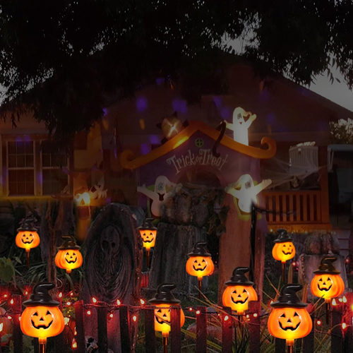 6 Pack Solar Jack O Lantern Stake String Lights - Orange Halloween Pathway Decor - Picture 6 of 12
