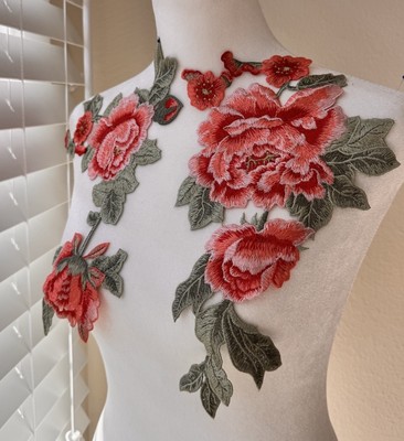 Red and Green Applique (2 Pieces) Coral Big Rose Patch Embroidered Flowers