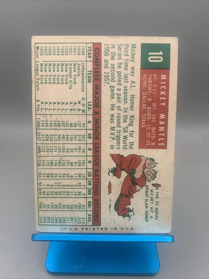 1959 Topps - Mickey Mantle #10 en muy buen estado pliegues y marcas de pluma se muestran bien envío gratuito Foto 2 de 4