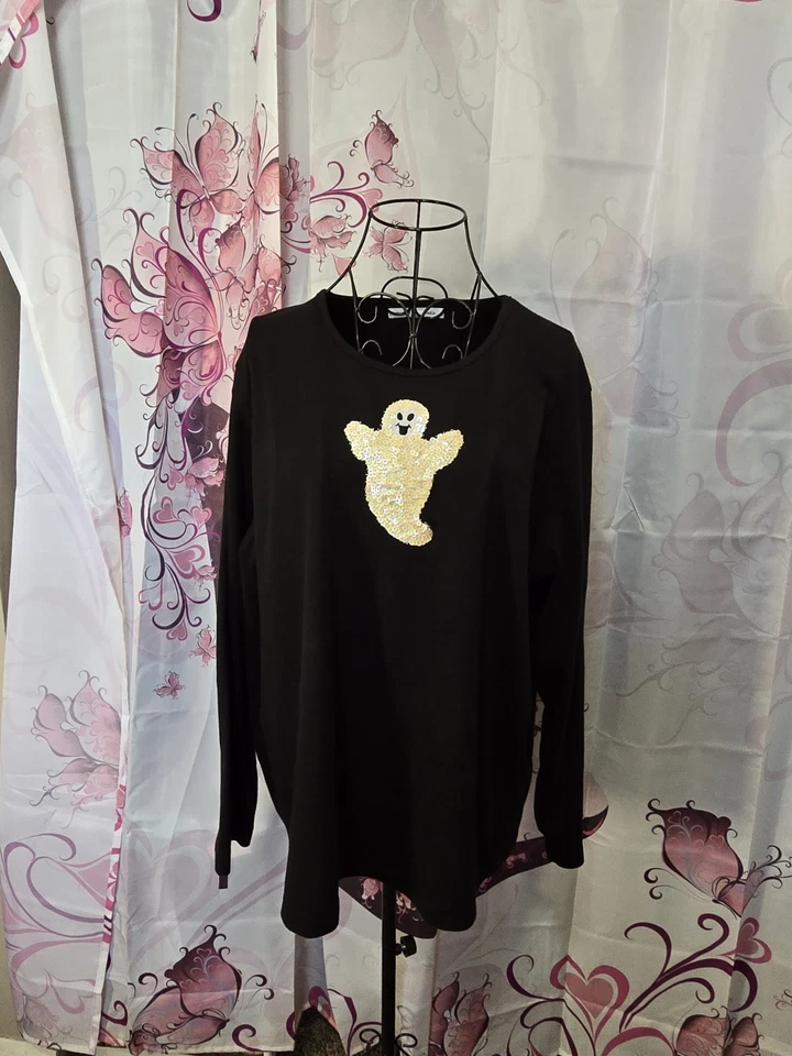 Vintage Mercer Street Studio 1X Black Long Sleeve Shirt White Sequin Ghost - Image 2 of 4