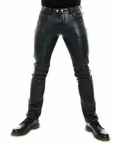 Men's Real Black Lambskin Real Leather Bikers Pants 100% Leather Bikers