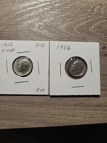 1956 Roosevelt Dimes 90% Silver. 1 is a proof. Lot of 2