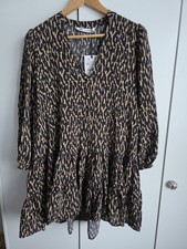 Zara Leopard Print Smock Dress Size XS Beige Black Animal Print Tunic Boho