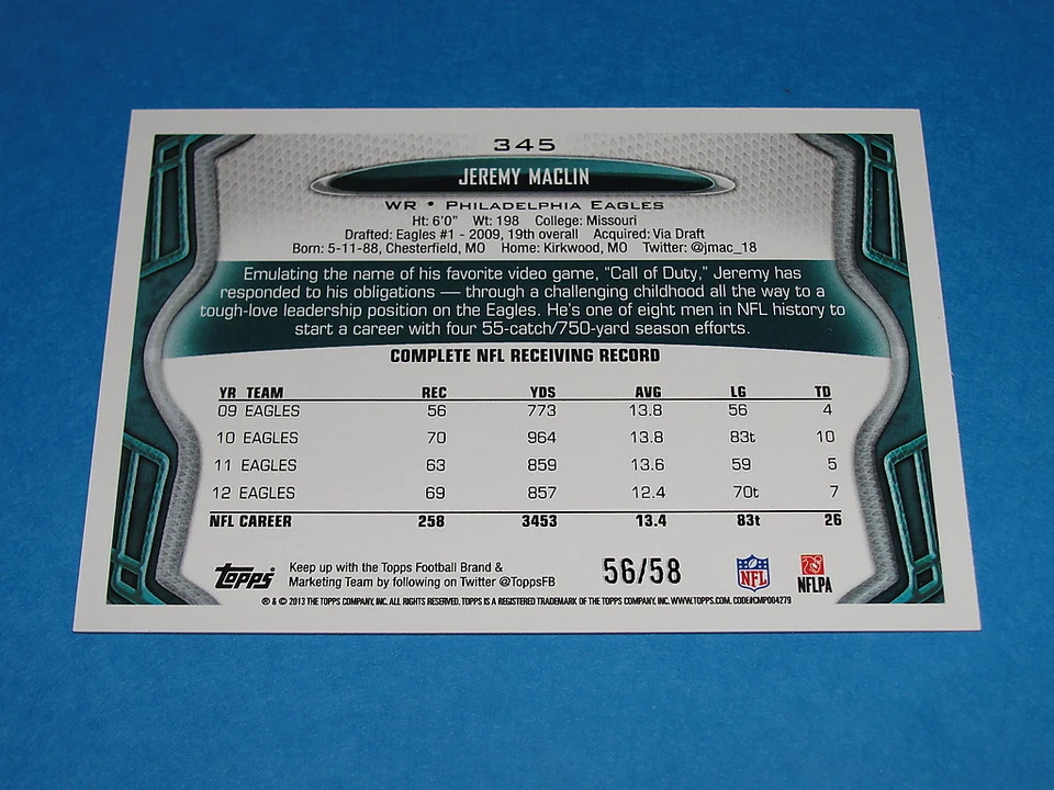 2013 TOPPS Jeremy MACLIN #345 Black SP/58 Philadelphia EAGLES - Missouri TIGERS - Image 2 of 2