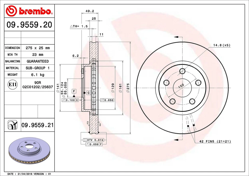 Rotor de freno de disco delantero Brembo 09.9559.21 275 mm para Scion tC 2005-2010 Foto 3 de 4