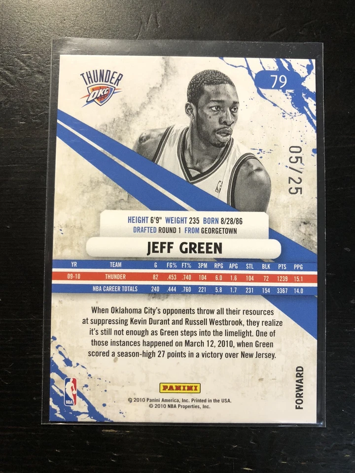 2010-11 Panini Rookies & Stars Longevity Sapphire /25 Jeff Green #79 Thunder PWE - Image 2 of 2