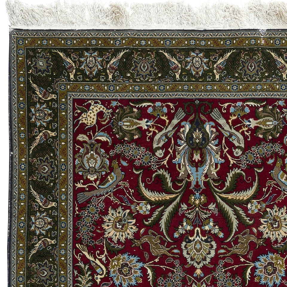 4.6x7 Ft Hand Knotted Turkish Rug in Red & Green with Floral Botanical Design - Image 4 of 4