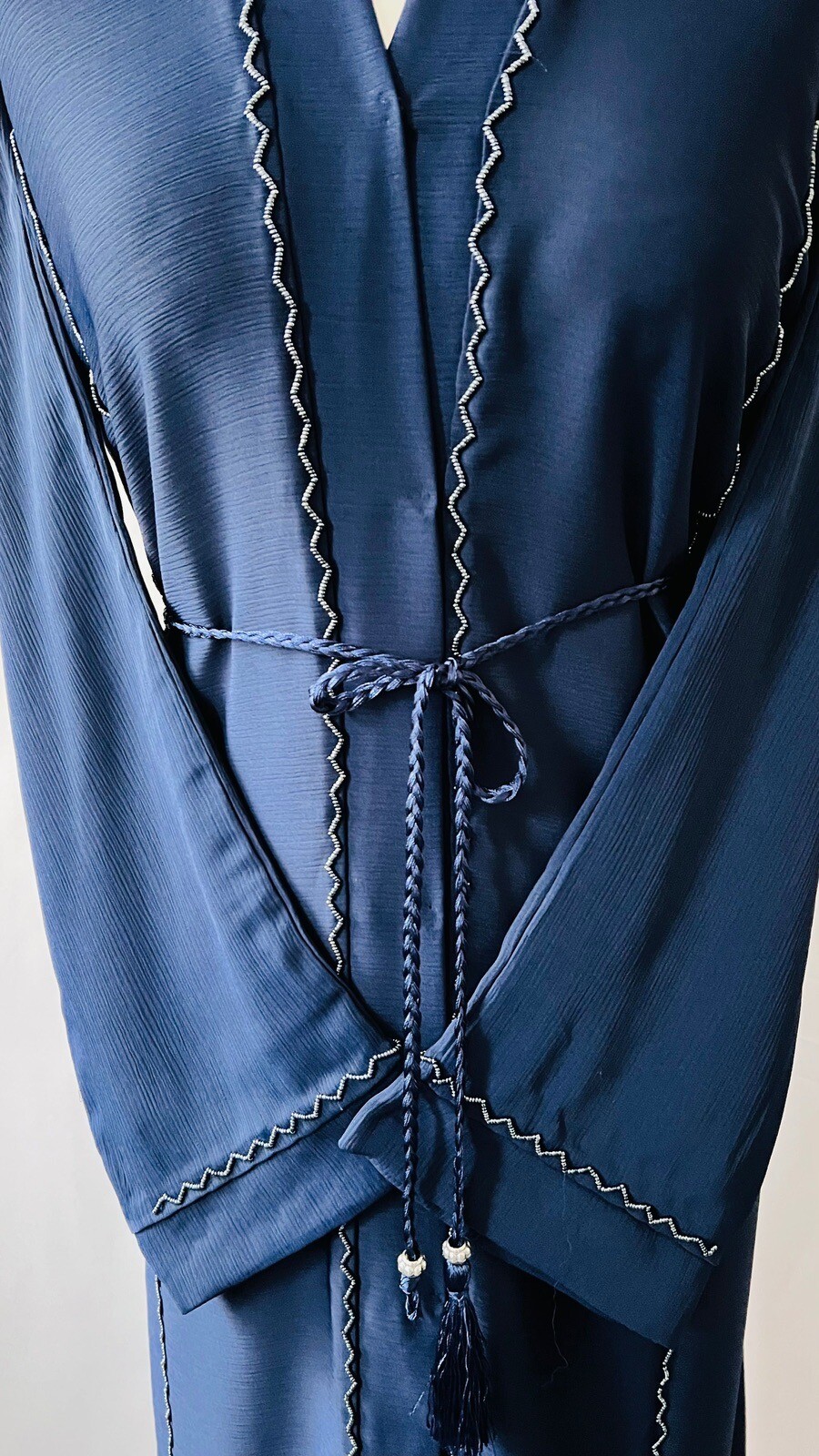Navy Blue Front Open Dubai Abaya With Beadwork, Matching Scarf And Belt Size 54 image 5