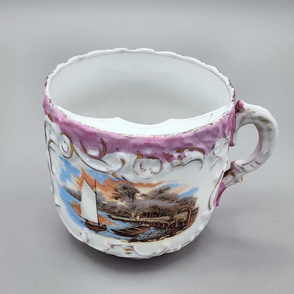 Antique Porcelain Mustache Cup, Made in Germany, Boats Fishing 