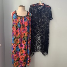 VTG Eve Stillman Nightgown Peignoir Robe Set 60s Floral Black Lace Small