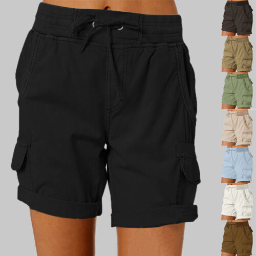 Women Elasticated Waist Casual Loose Shorts Summer Beach Cargo Pocket Short Pant