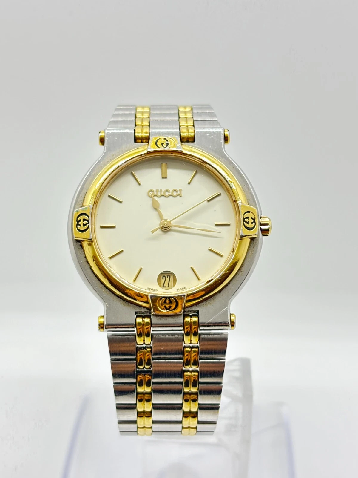 [Exc+5] GUCCI 9000M Blanc OR ARGENT DATE Quartz Homme VINTAGE Occasion Fonctionne