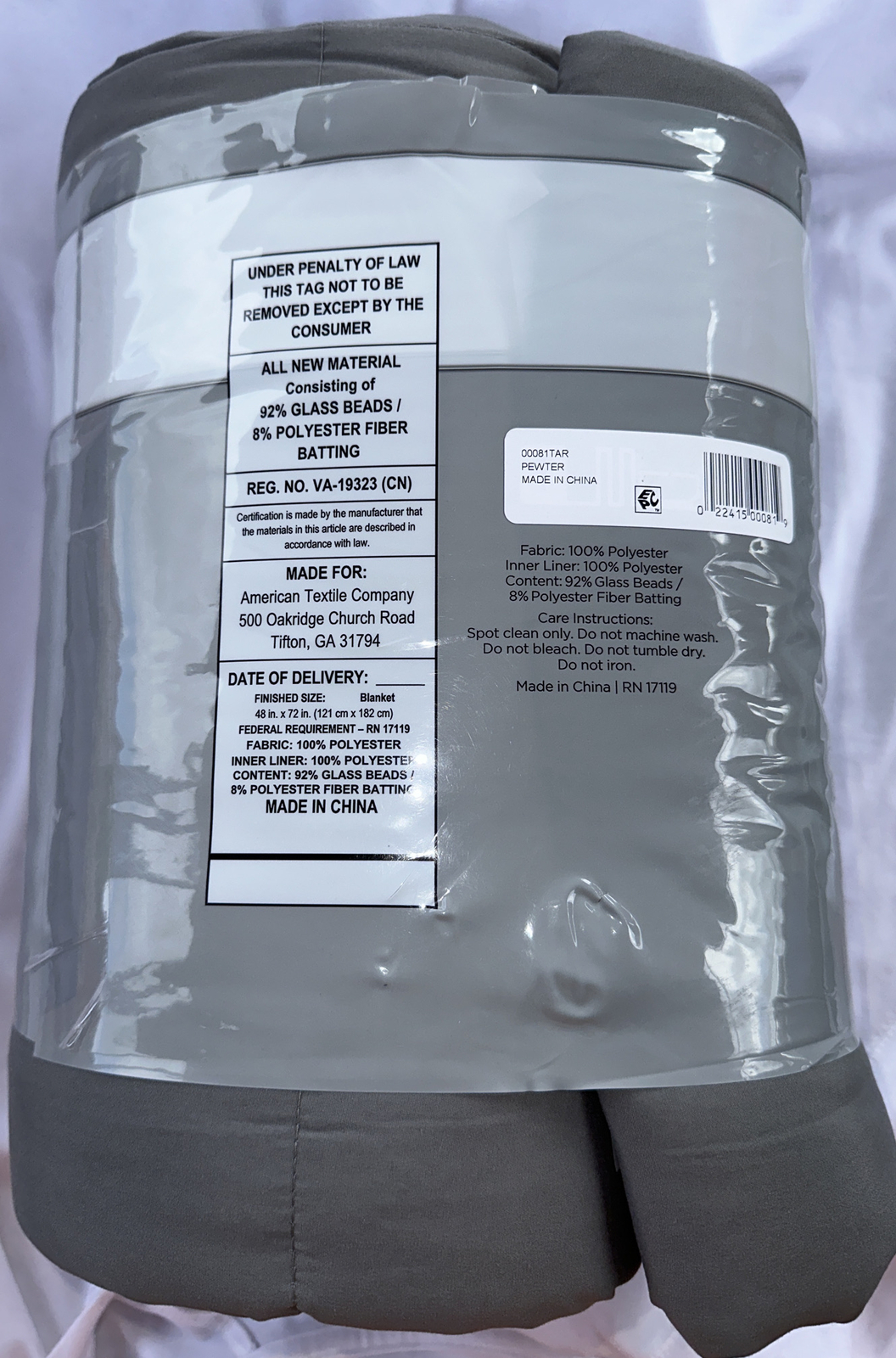 Essentials by Tranquility Grey 12 Pound Weighted Blanket 48in X 72in