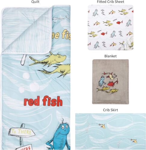 Trend Lab Dr. Seuss One Fish Two Fish 4Piece Crib Bedding Set Nursery Baby Set - Picture 2 of 9