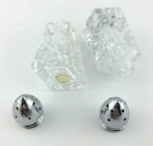 Vintage Triangle Hand Cut Crystal Salt and Pepper Shakers - Chrome Top, Elegant - Picture 3 of 5