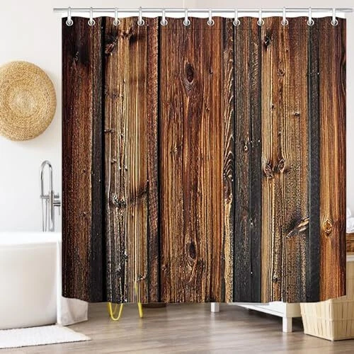 Rustic Barn Door Shower Curtain Farmhouse Brown Wooden Rustic Pattern Fabric  - Image 2 of 4