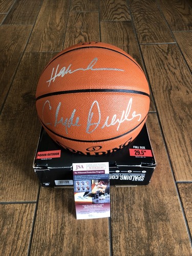 Clyde Drexler Hakeem Olajuwon SIGNED NBA Spalding BALL JSA Witnessed ROCKETS - Picture 1 of 7