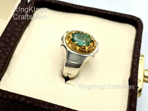 Mens Emerald Ring Natural Gemstone 925 Sterling Silver Handmade Man Rings Size 9 - Picture 2 of 6