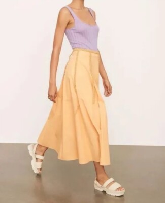 Vince Midi Skirt Size 2 Paneled With Braid Trim, Orange, NEW NWOT