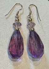 14K Yellow Gold Natural Deep Purple faceted Amethyst Earrings w/crystal accents
