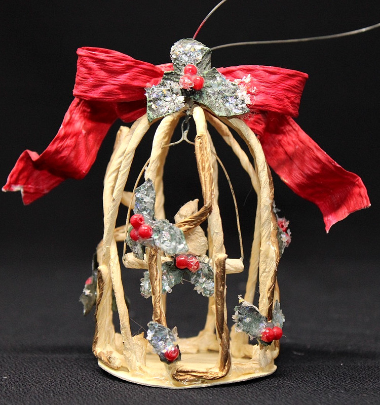 Rustic Bird on Swing in Twig Cage Ornament, Red Ribbon Holly Glitter 4" CUTE