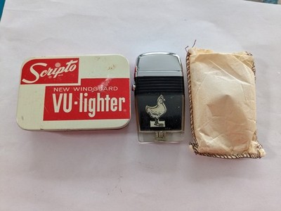 Vintage Scripto VU-Lighter CHEROKEE FEED MILL CANTON GA ROOSTER Original Tin Box