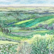 Japanese Countryside Hills Landscape Pastel Drawing Original Art Unsigned FL298