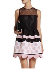 Red Valentino Silk Taffeta Polka Dot Scallop Dress Black Pink Sz 42 US 4
