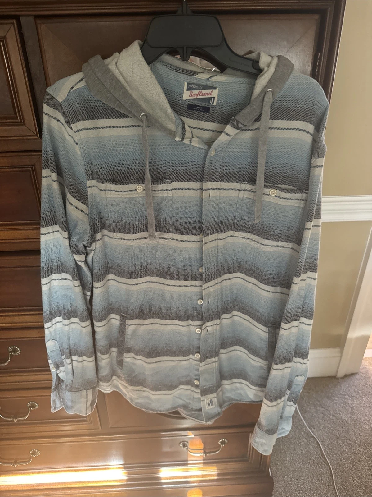Johnnie O Jacket Mens Large Blue Striped Carver Surflannel Hooded Shacket - product detail image 1
