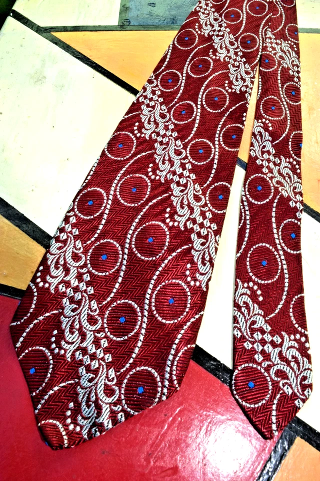 Галстук винтажный 60-х глубокий красный синий точек фантазии белая полоса вихрь ацетат 58 x 3,25" - Изображение 2 из 4