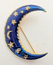 Vintage Style Chunky Oversized Cresent Moon Brooch w/ Blue Enamel & Crystals