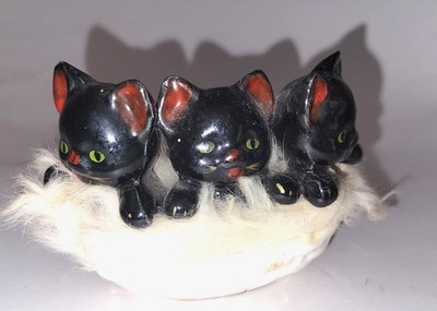 Vintage Ceramic Three Black Kittens in Basket Rabbit Fur Brinn's Japan