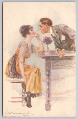 Italian Romance Couple Kissing 1919 Hand Coloured Real Photo Style
