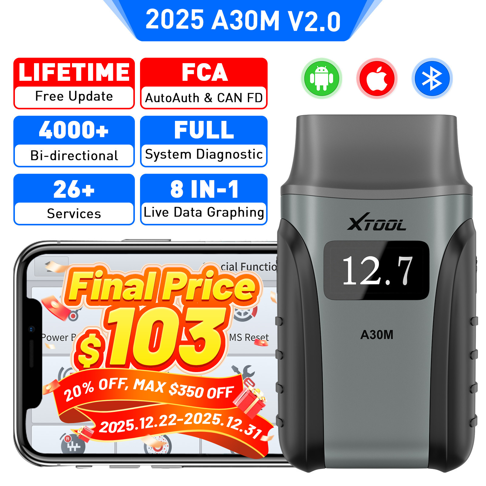 2025 XTOOL A30M V2.0 Bluetooth Full System Diagnostic Tool Bidirectional Scanner