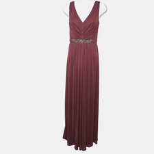 David's Bridal Dress Womens 0 Burgundy Beaded Waist V Neck Chiffon Gown