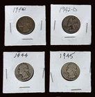 LOT OF 4 WASHINGTON SILVER QUARTERS  [1940, 1942-D, 1944, 1945) $1 Face Value