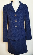 St John Blue Tweed Skirt Suit Jacket Set sz 8 Knit Rayon Wool Polyamide USA