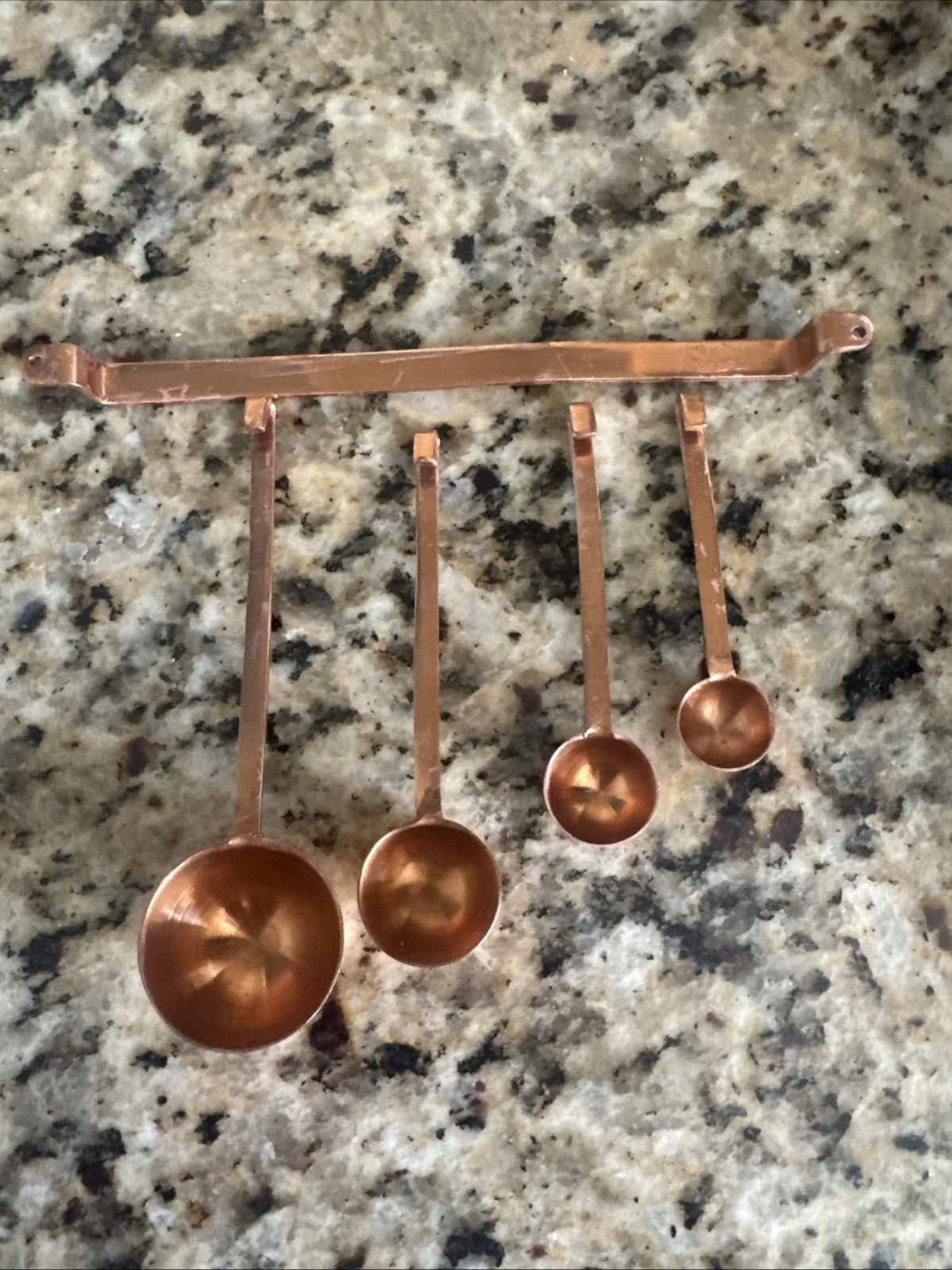 Vintage Copper Measuring Spoons Set with Wall Hanging Rack 5 Piece ODI