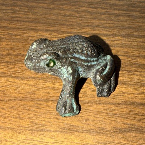 Vintage Mini Aged Cast Iron Bronze Frog - Green Signed Mexico
