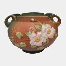 Roseville White Rose Brown 1940 Art Pottery Ceramic Jardiniere Planter 653-5