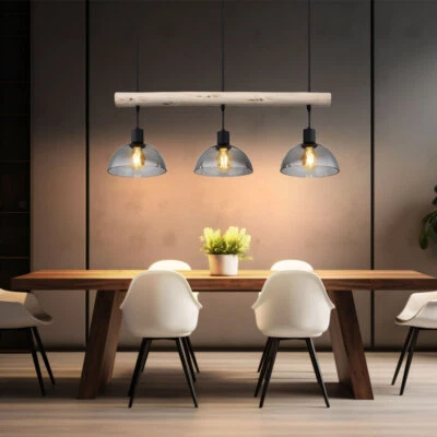 Pendelleuchte Hängelampe Holzleuchte Wohnzimmerlampe verstellbar Glas rauch E27 - Bild 1 von 4