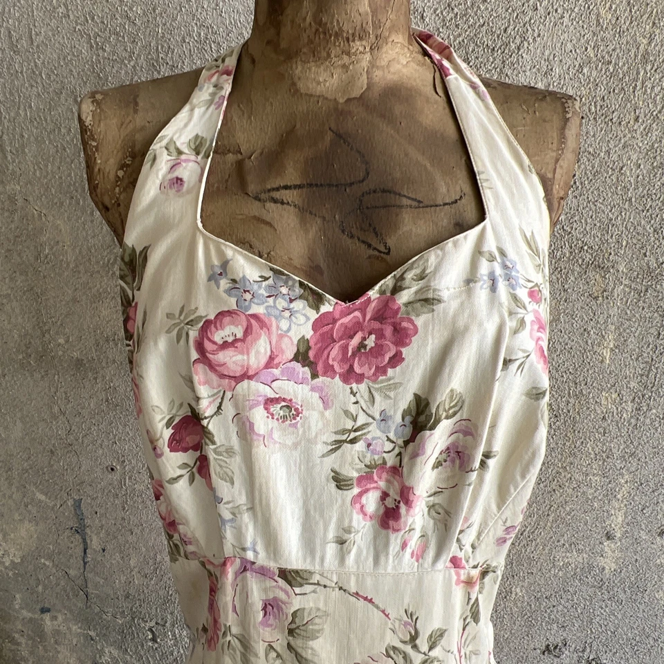 Vintage 1930s Chintz Pink Rose Floral Print Cotton Halter Dress Midi Low Back - Image 4 of 4