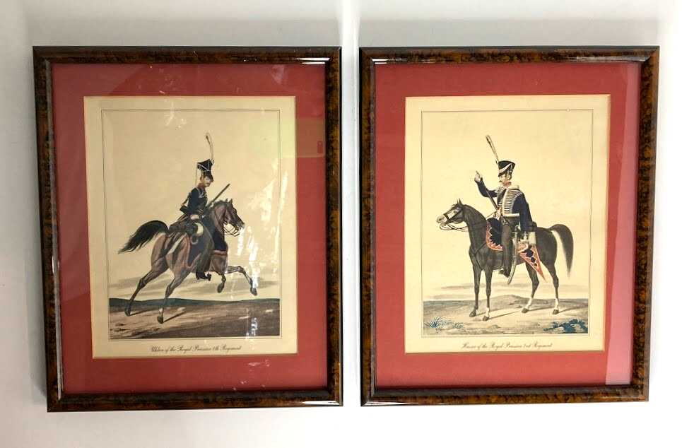 Pair of VTG Lithograph ART Prints Prussian Uhlan Hussar Officers Framed & Matted
