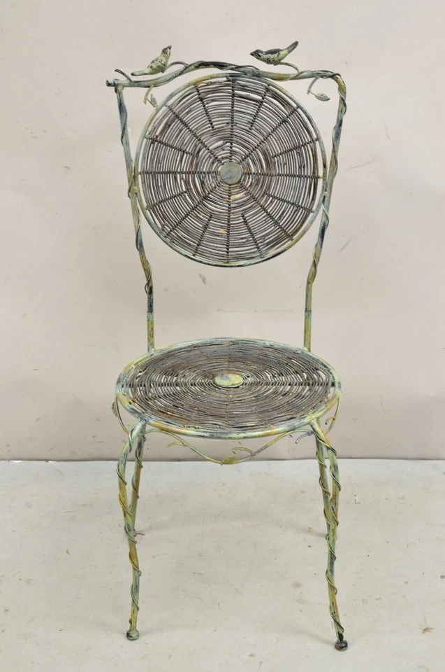 Silla auxiliar de bistró verde caña de hierro y madera estilo campestre francés con pájaros Foto 2 de 4