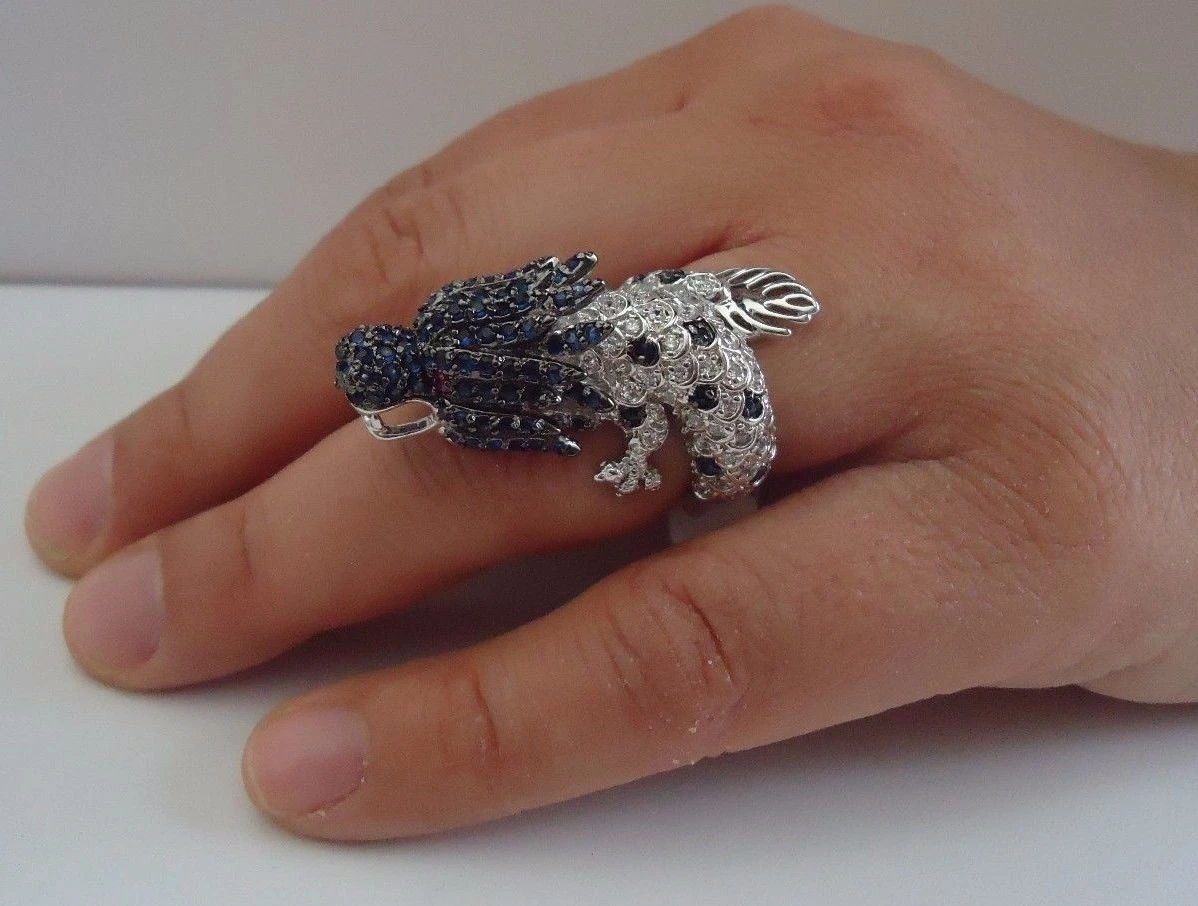 LARGE DRAGON RING 7.50 CT LAB SIMULATED DIAMONDS RUBY SAPPHIRE STERLING SILVER